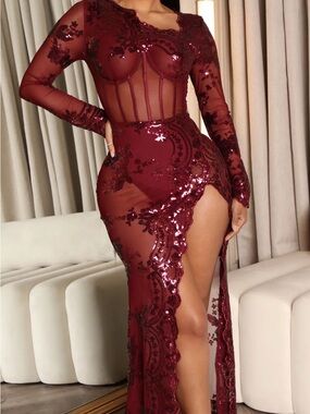 Burgundy Sequin Sheer Maxi Dress
